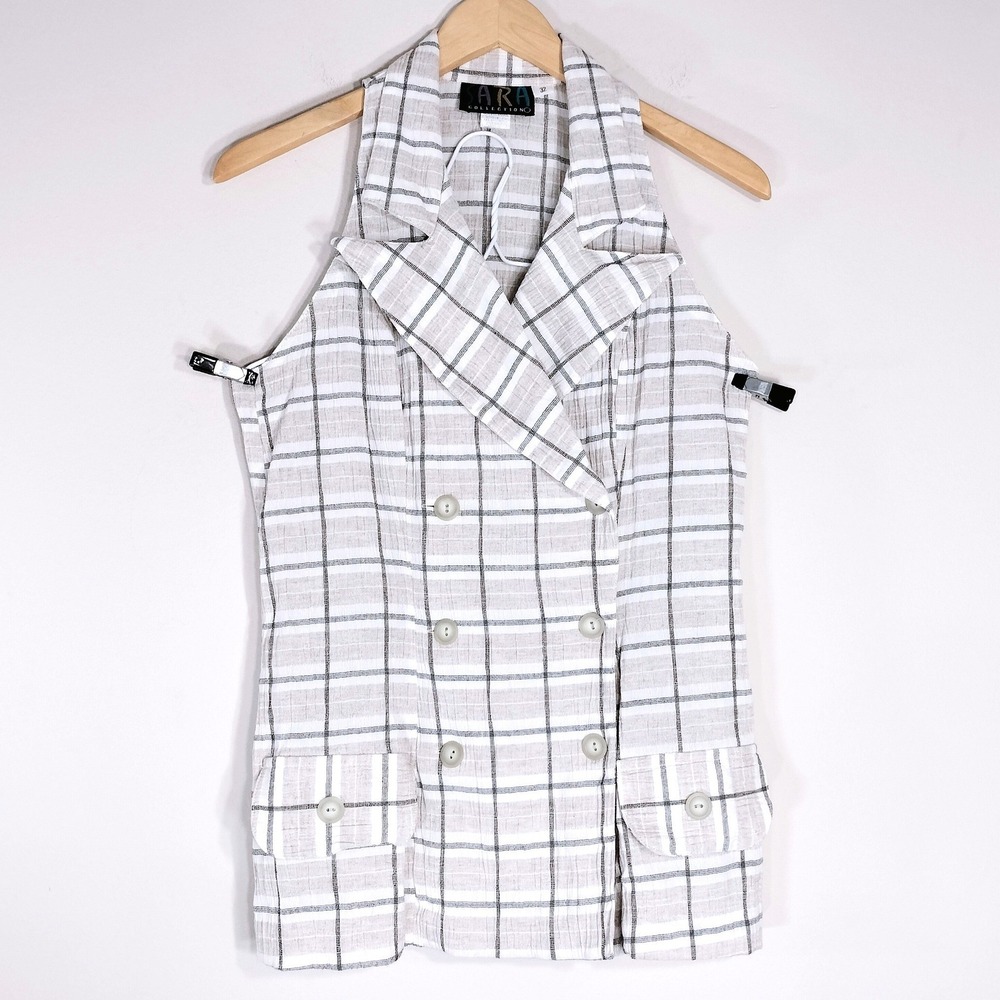 Sara Collection Y2K Plaid Tunic Vest; Sleeveless Double Breasted Crinkle Rayon